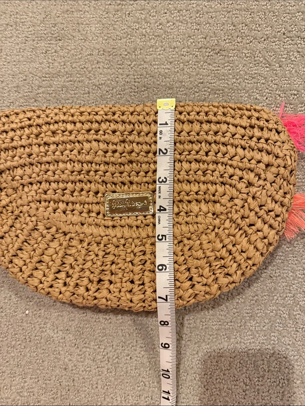 Lilly Pulitzer Tan Raffia Clutch with Blue and Pink Pom Tassels
